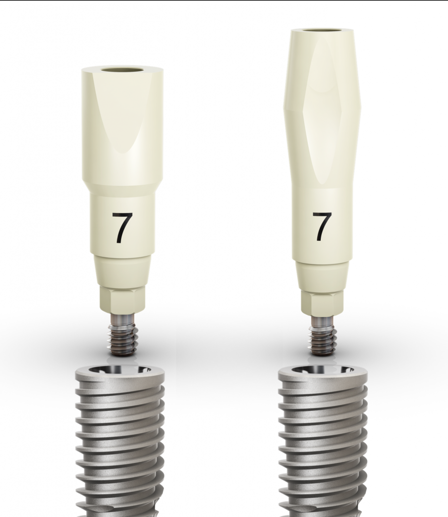 Figs 5-6: Scanbodies for implant and abutment level impressions correspond to implant and abutment impression transfers; scanbodies of various heights for a specific implant system may also be found on the market