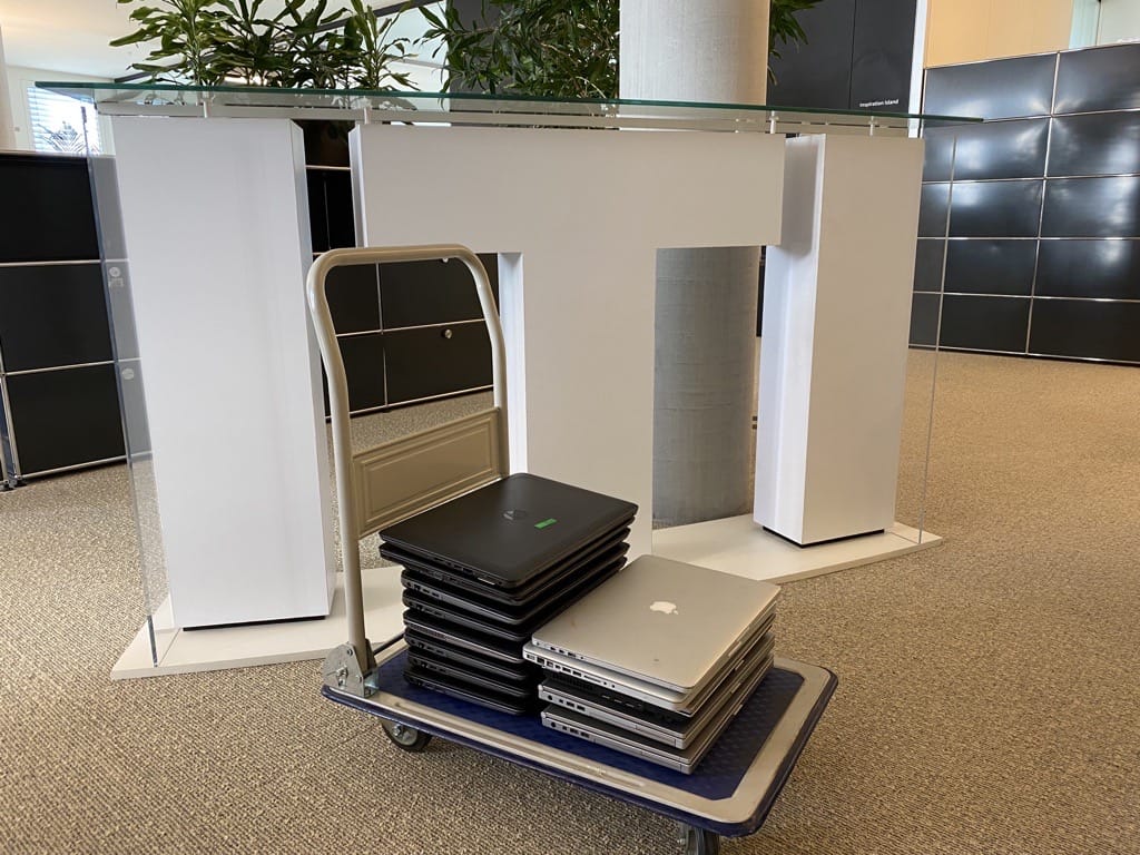 Laptops on a cart